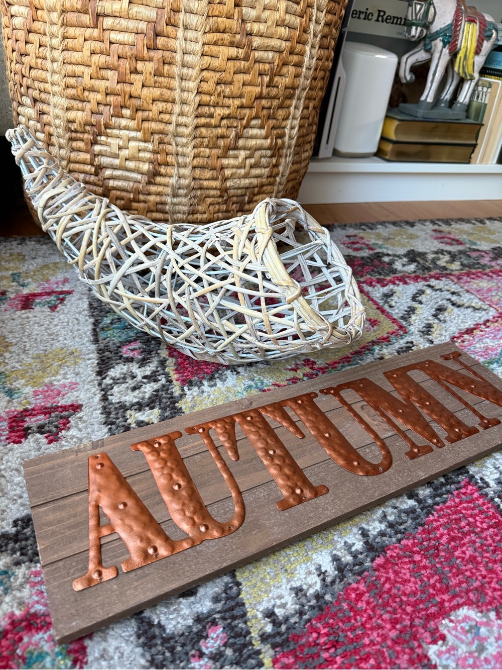 Decorative 'Autumn' Copper Lettering Sign - White Wicker Cornucopia Accessory